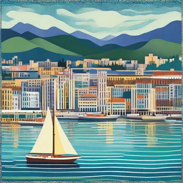 Reimagined artwork inspired by Paul Signac, 'Ports of Wellington' showcasing Wellington, New Zealand in a classic Post-Impressionist style, using distinctive dot patterns and dynamic, contrasting hues.