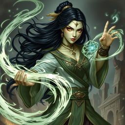 A Yuan-ti wizard woman with long dark hair and striking gold eyes, showcasing beautiful light green skin