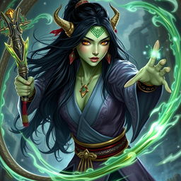 A Yuan-ti wizard woman with long dark hair and striking gold eyes, showcasing beautiful light green skin