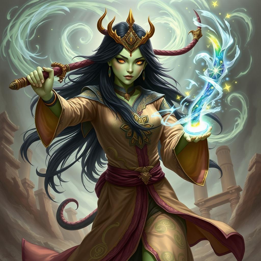 A Yuan-ti wizard woman with long dark hair and striking gold eyes, showcasing beautiful light green skin
