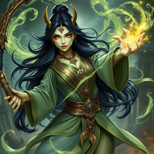 A Yuan-ti wizard woman with long dark hair and striking gold eyes, showcasing beautiful light green skin