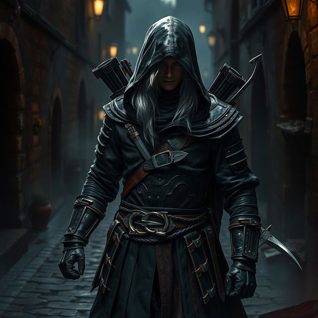 A medieval assassin with white hair, dressed in a dark assassin outfit with a hood, wielding daggers and a short bow