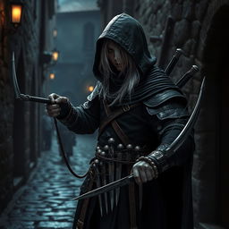 A medieval assassin with white hair, dressed in a dark assassin outfit with a hood, wielding daggers and a short bow