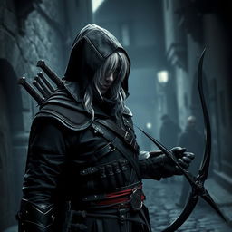 A medieval assassin with white hair, dressed in a dark assassin outfit with a hood, wielding daggers and a short bow