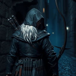 A medieval assassin with white hair, dressed in a dark assassin outfit with a hood, wielding daggers and a short bow