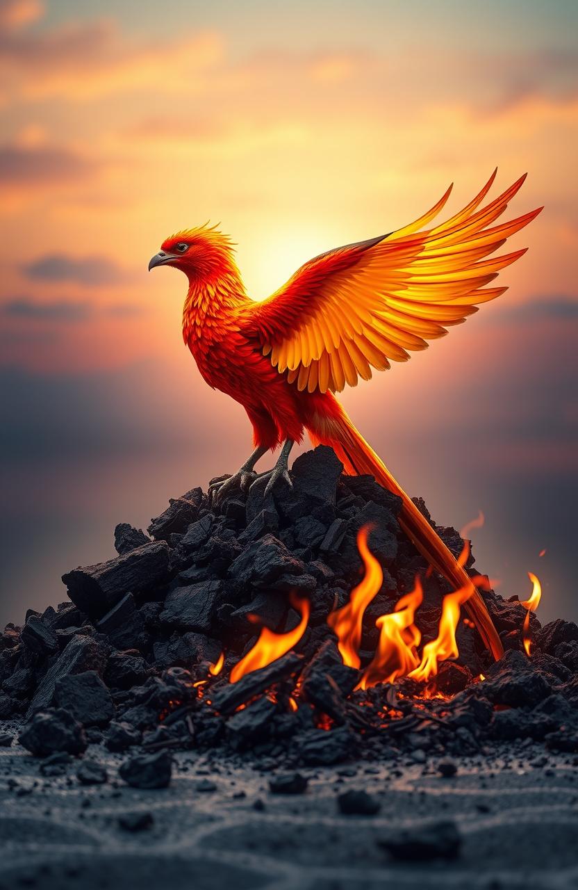 An artistic representation of transformation from ashes to beauty, depicting a phoenix rising from the ashes