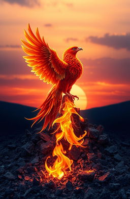 An artistic representation of transformation from ashes to beauty, depicting a phoenix rising from the ashes