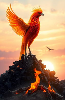 An artistic representation of transformation from ashes to beauty, depicting a phoenix rising from the ashes