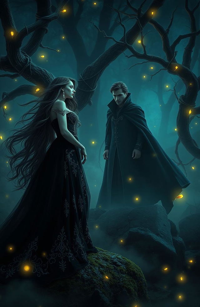 A dark fantasy romance scene set in a mysterious enchanted forest