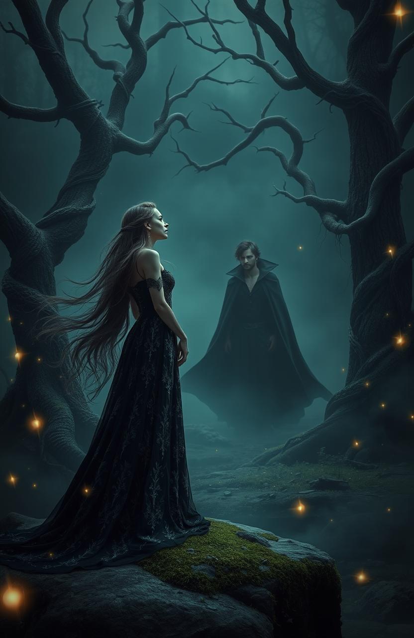 A dark fantasy romance scene set in a mysterious enchanted forest