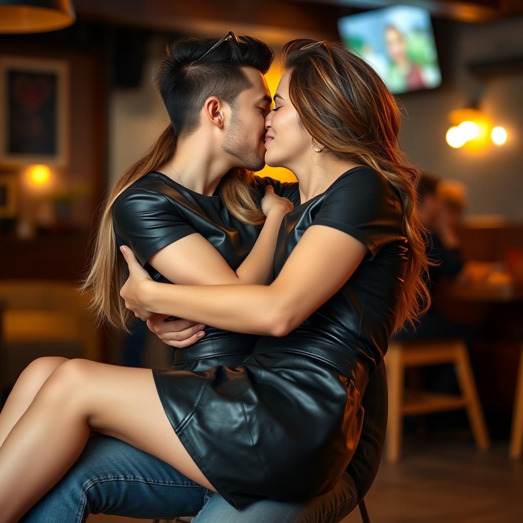 A young woman dressed in a stylish leather skirt and a matching leather t-shirt sits playfully on a man's knees, sharing a tender kiss