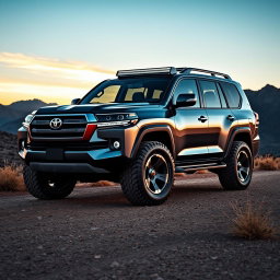 A sleek and rugged concept design of the Toyota Land Cruiser, showcasing its modern, bold features