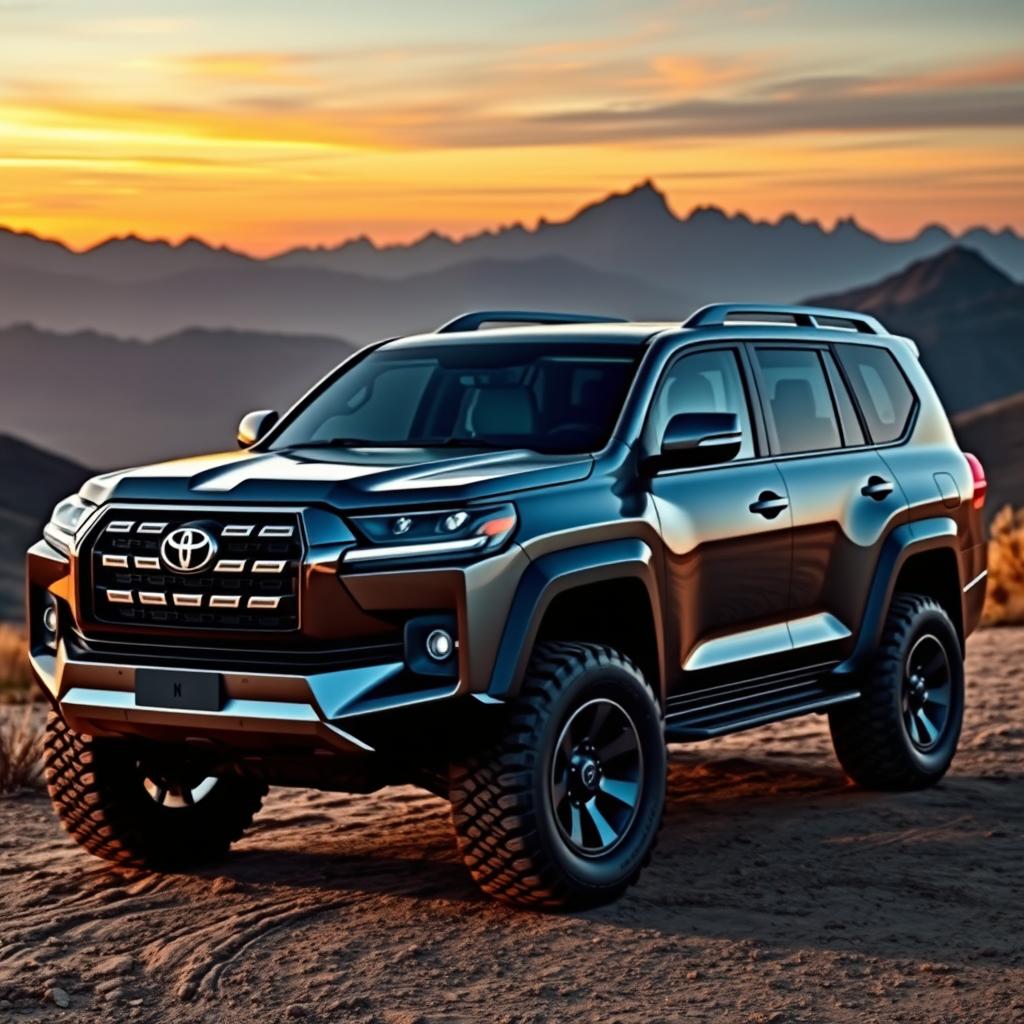 A sleek and rugged concept design of the Toyota Land Cruiser, showcasing its modern, bold features