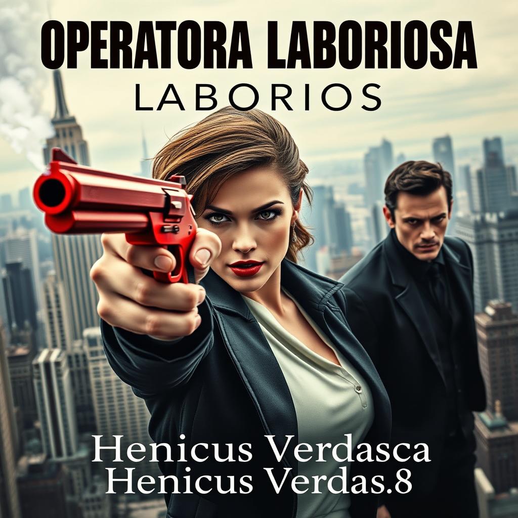 A powerful scene featuring a strong woman aiming straight ahead with a distinctive red pistol, a unique blend of revolver and pistol, smoke wafting from its tip