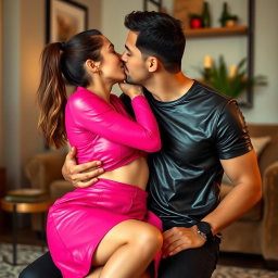 A young woman is wearing a vibrant pink leather skirt and is seated on the knees of a man dressed in a sleek leather t-shirt