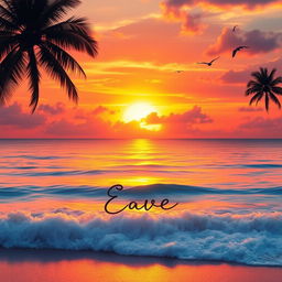 A beautiful sunset over the ocean with vivid colors reflecting on the water, peaceful beach scene with gentle waves and palm trees swaying in the breeze, birds flying in the sky, and a warm, inviting atmosphere, with the word بالكاظم written in elegant cursive in the foreground
