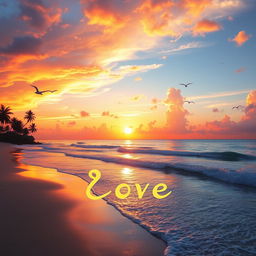 A beautiful sunset over the ocean with vivid colors reflecting on the water, peaceful beach scene with gentle waves and palm trees swaying in the breeze, birds flying in the sky, and a warm, inviting atmosphere, with the word بالكاظم written in elegant cursive in the foreground