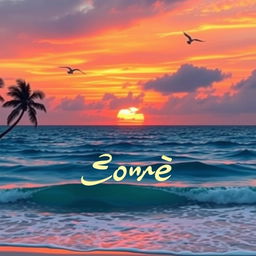 A beautiful sunset over the ocean with vivid colors reflecting on the water, peaceful beach scene with gentle waves and palm trees swaying in the breeze, birds flying in the sky, and a warm, inviting atmosphere, with the word بالكاظم written in elegant cursive in the foreground