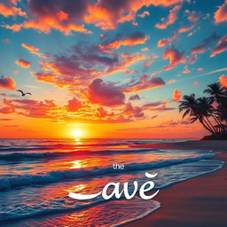 A beautiful sunset over the ocean with vivid colors reflecting on the water, peaceful beach scene with gentle waves and palm trees swaying in the breeze, birds flying in the sky, and a warm, inviting atmosphere, with the word بالكاظم written in elegant cursive in the foreground