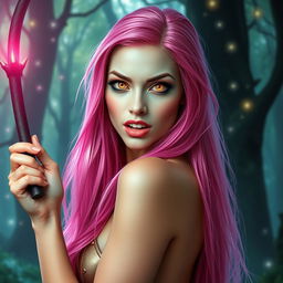 A striking woman with long, bright pink hair flowing elegantly down her back