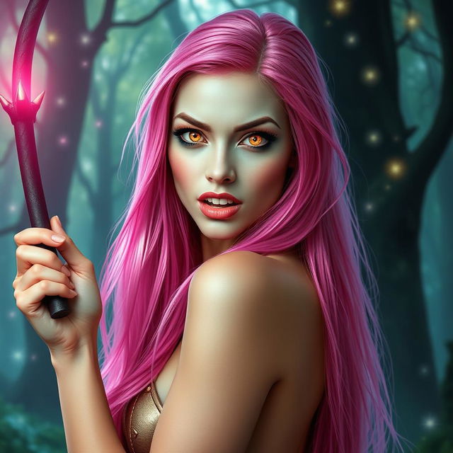 A striking woman with long, bright pink hair flowing elegantly down her back