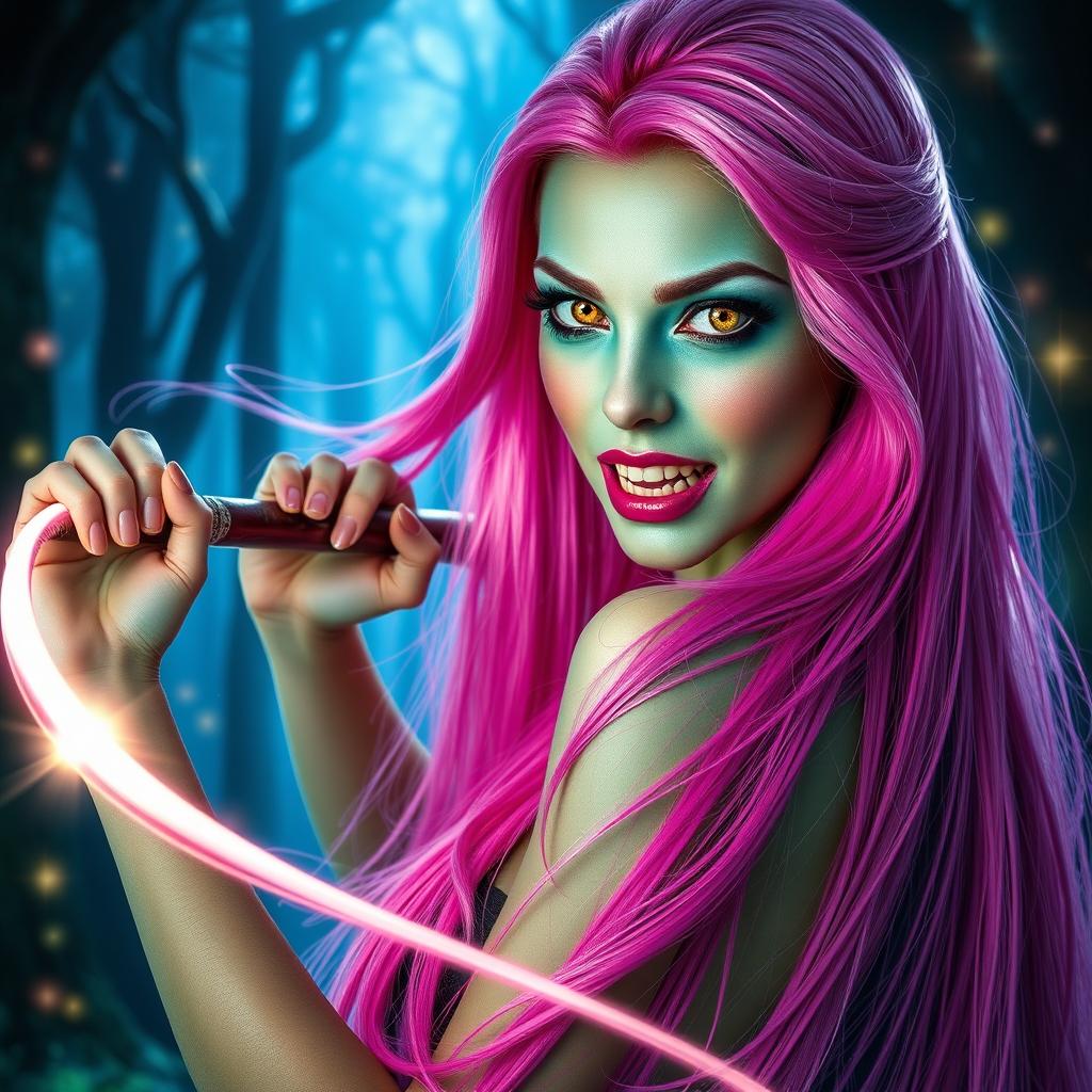 A striking woman with long, bright pink hair flowing elegantly down her back