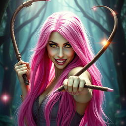 A striking woman with long, bright pink hair flowing elegantly down her back