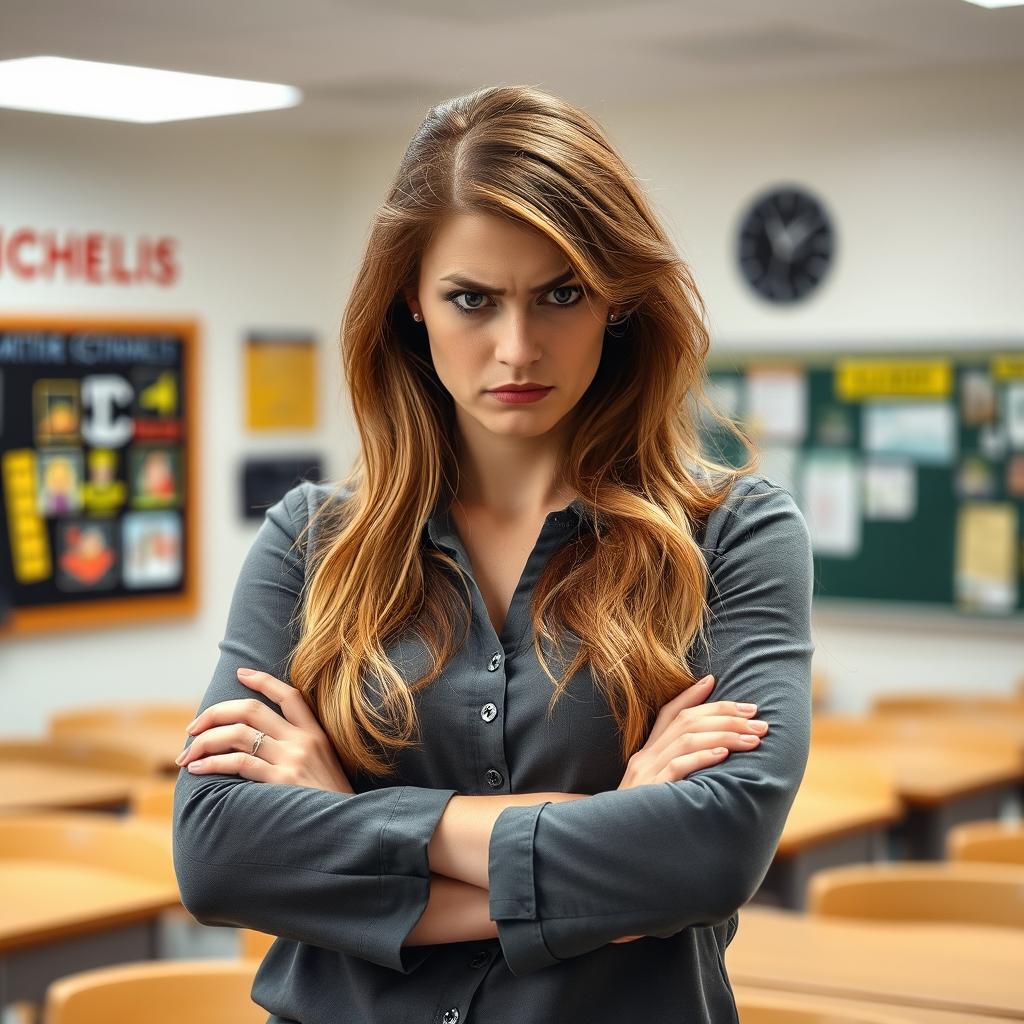 A female teacher with long, flowing hair, appearing visibly annoyed in a classroom setting