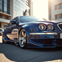 A stunning Rover 75 modified with a widebody kit, showcasing an aggressive and sporty stance