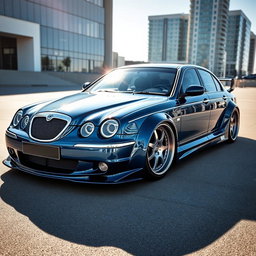 A stunning Rover 75 modified with a widebody kit, showcasing an aggressive and sporty stance