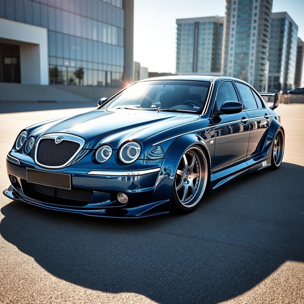 A stunning Rover 75 modified with a widebody kit, showcasing an aggressive and sporty stance
