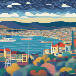 Reimagined artwork inspired by Paul Signac, 'Ports of Wellington' showcasing Wellington, New Zealand in a classic Post-Impressionist style, using distinctive dot patterns and dynamic, contrasting hues.