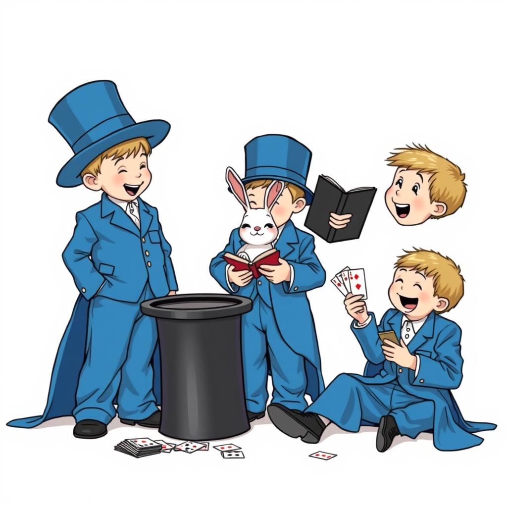 A whimsical and cute comic poster with a white background featuring three non-realistic five-year-old children all dressed in oversized blue magician's tuxedos, where the pants, tailcoats, and sleeves are comically large and trailing on the ground