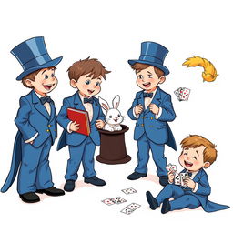 A whimsical and cute comic poster with a white background featuring three non-realistic five-year-old children all dressed in oversized blue magician's tuxedos, where the pants, tailcoats, and sleeves are comically large and trailing on the ground