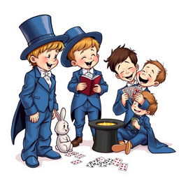 A whimsical and cute comic poster with a white background featuring three non-realistic five-year-old children all dressed in oversized blue magician's tuxedos, where the pants, tailcoats, and sleeves are comically large and trailing on the ground
