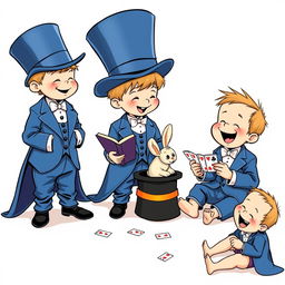 A whimsical and cute comic poster with a white background featuring three non-realistic five-year-old children all dressed in oversized blue magician's tuxedos, where the pants, tailcoats, and sleeves are comically large and trailing on the ground