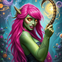 A fantastical woman with striking long bright pink hair cascading down her back and vibrant light green skin