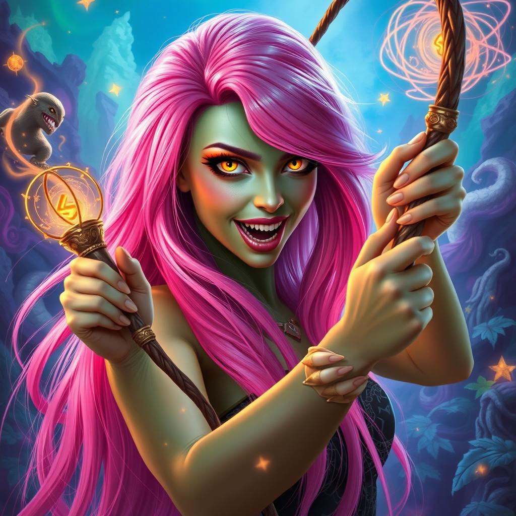 A fantastical woman with striking long bright pink hair cascading down her back and vibrant light green skin