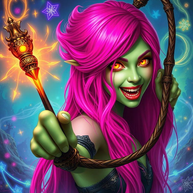 A fantastical woman with striking long bright pink hair cascading down her back and vibrant light green skin
