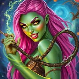 A fantastical woman with striking long bright pink hair cascading down her back and vibrant light green skin