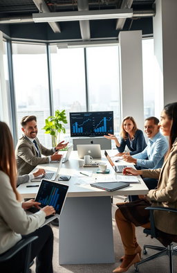A visually engaging and inspirational scene depicting a diverse group of professionals in a modern office environment, effectively communicating and collaborating