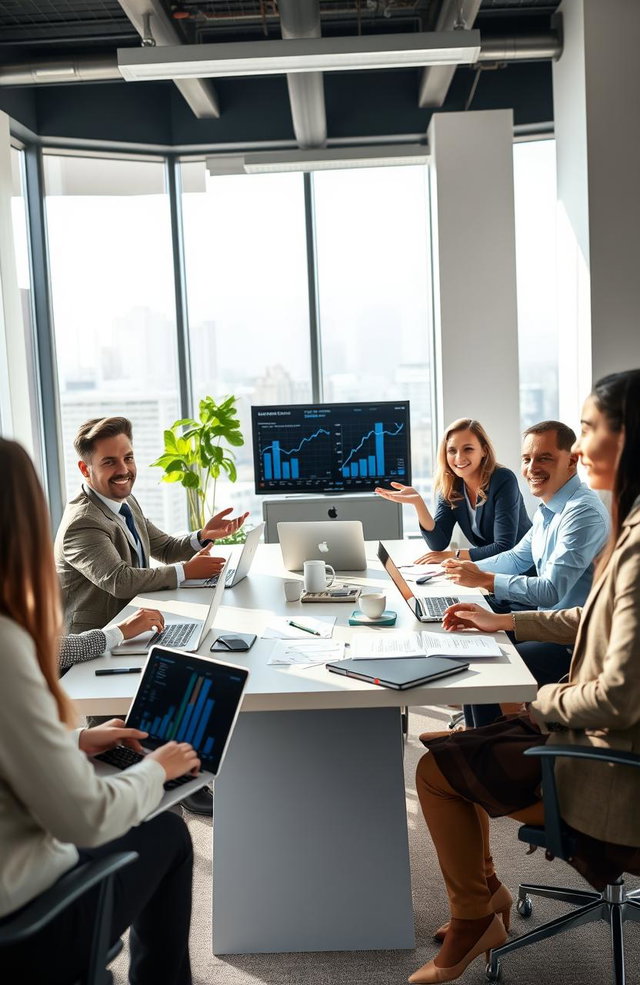A visually engaging and inspirational scene depicting a diverse group of professionals in a modern office environment, effectively communicating and collaborating