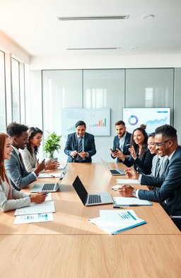 A visually engaging and inspirational scene depicting a diverse group of professionals in a modern office environment, effectively communicating and collaborating