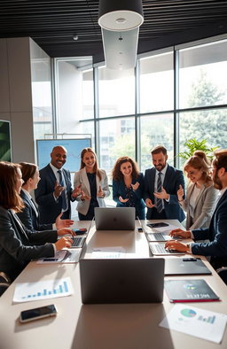 A visually engaging and inspirational scene depicting a diverse group of professionals in a modern office environment, effectively communicating and collaborating