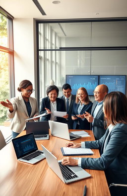 A visually engaging and inspirational scene depicting a diverse group of professionals in a modern office environment, effectively communicating and collaborating