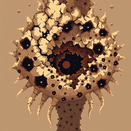 Retro pixel-art cosmic horror featuring a towering, fractal-like entity composed of jagged pixel clusters that resemble crumbling ancient scrolls and shattered tombstones