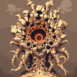Retro pixel-art cosmic horror featuring a towering, fractal-like entity composed of jagged pixel clusters that resemble crumbling ancient scrolls and shattered tombstones