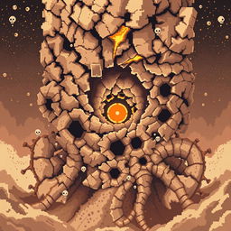 Retro pixel-art cosmic horror featuring a towering, fractal-like entity composed of jagged pixel clusters that resemble crumbling ancient scrolls and shattered tombstones