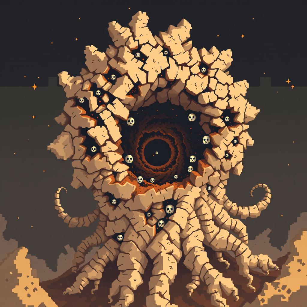 Retro pixel-art cosmic horror featuring a towering, fractal-like entity composed of jagged pixel clusters that resemble crumbling ancient scrolls and shattered tombstones