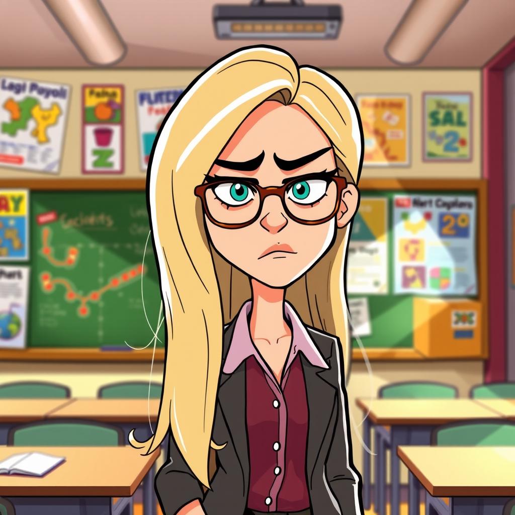 A cartoon-style illustration of a female teacher with long, flowing hair, expressing a look of annoyance